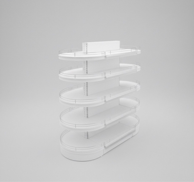 Островен стелаж с челни овални рафтове за магазин, бял