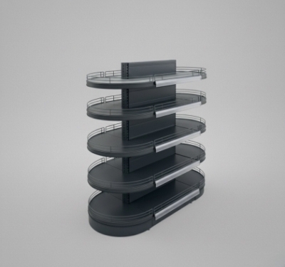 Островен стелаж с челни овални рафтове за магазин, тъмно сив мат